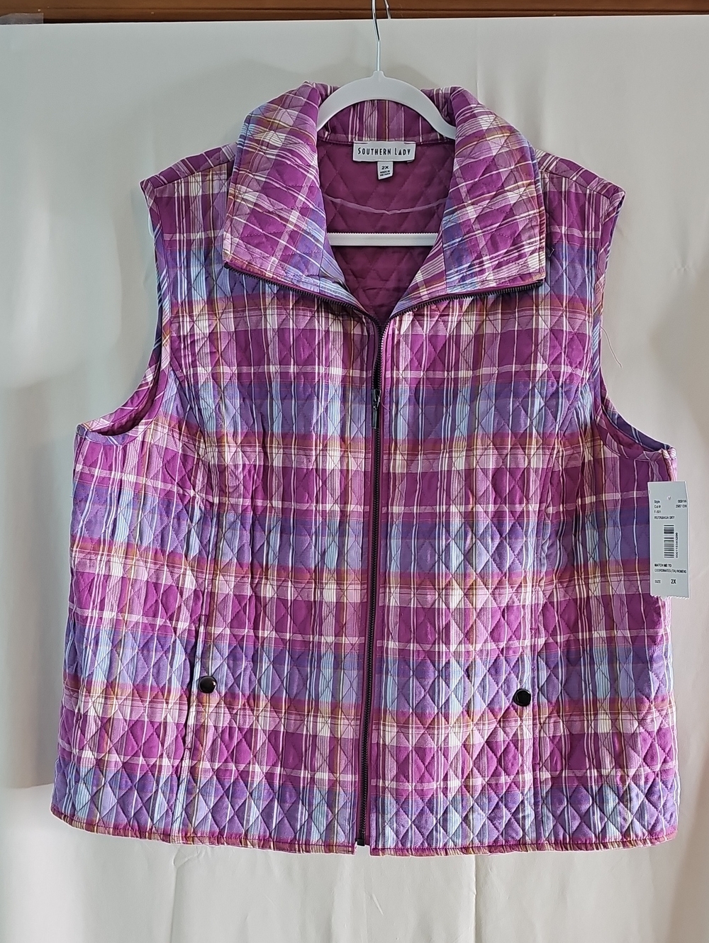 Southern Lady Quilted Plaid Vest - Pink, Purple, Light Blue